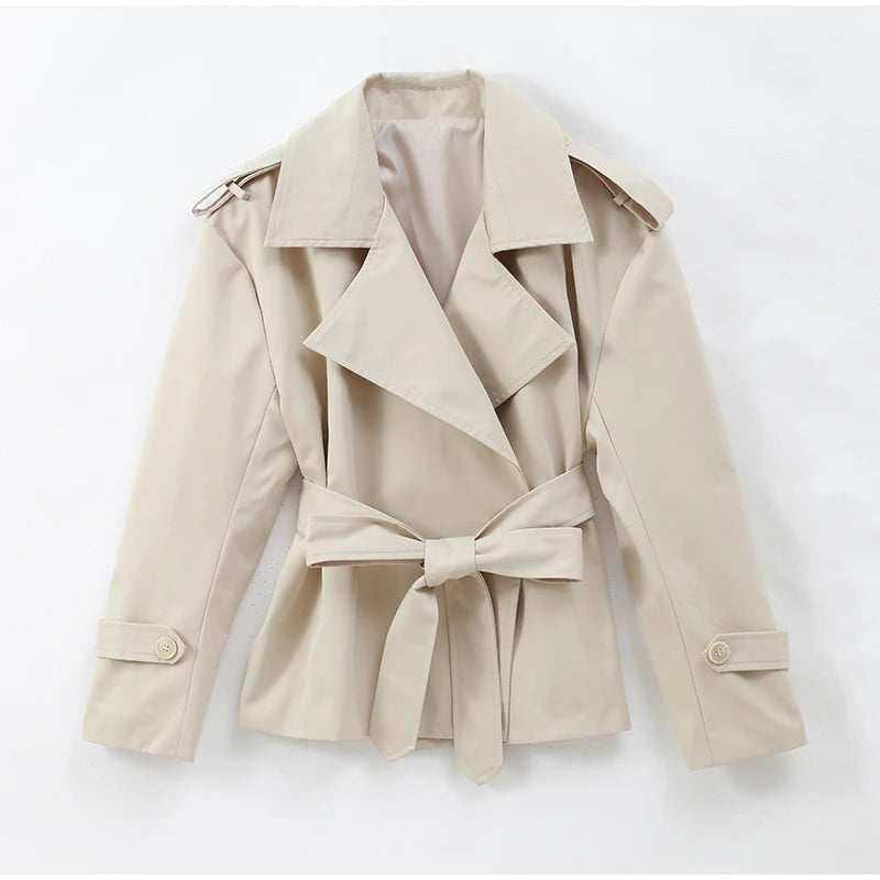 Women's Lace-Up Cropped Trench Coat – Wide Shoulder Windbreaker Jacket