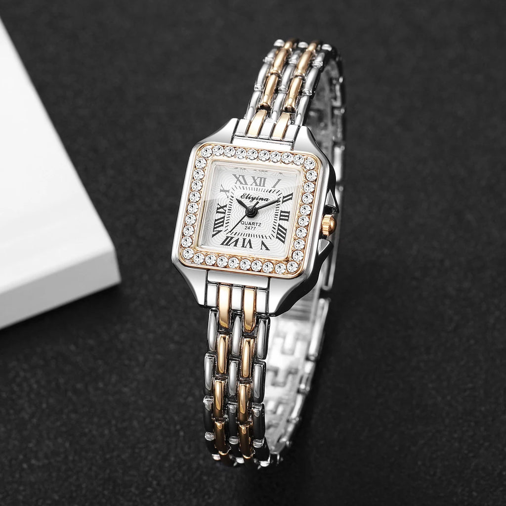 Women's Elegant Rhinestone Square Quartz Watch | Roma Dial Fashion Ladies Wristwatch