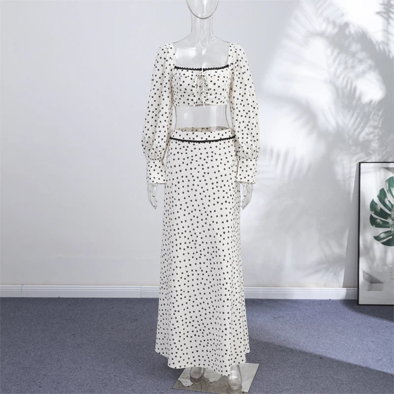 Polka Dot Puff Sleeve Crop Top & Maxi Skirt Set — Square Neck Tie-Front Vacation Outfit