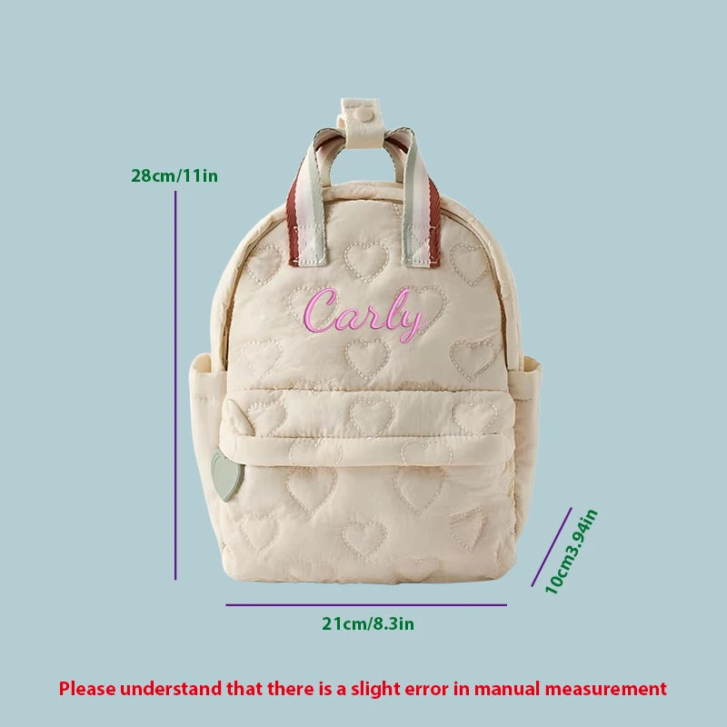 Custom Embroidered Heart Quilted Backpack – Personalized Cartoon Casual Bag