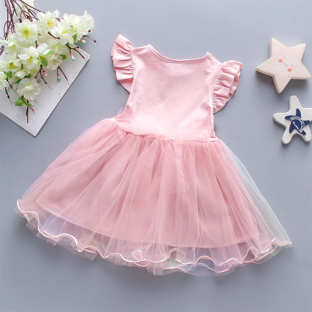Baby Girl Sleeveless Casual Dress — Rainbow Mesh Print (0–3 Years)