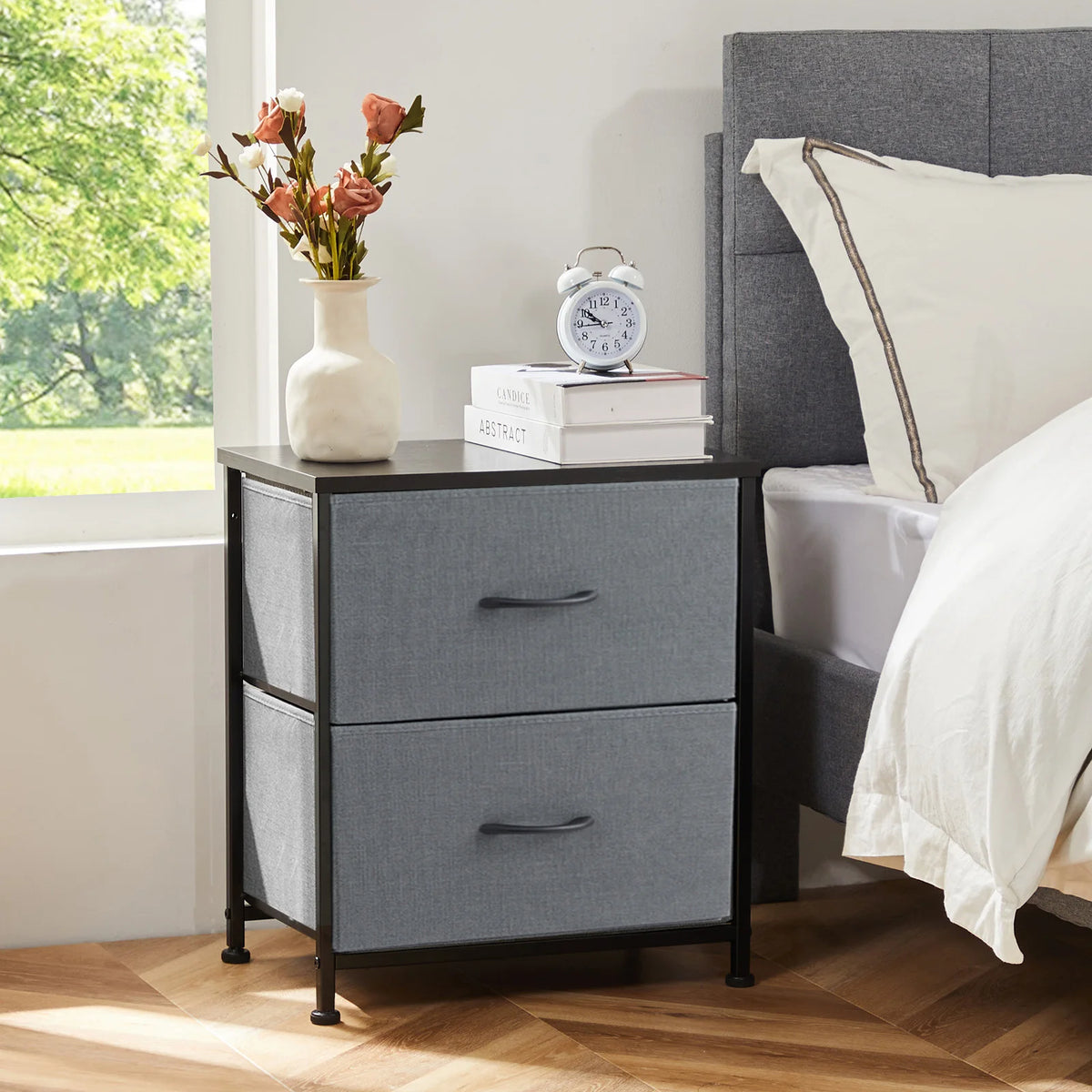 JHK Nightstand & Bedside Table – 2 Fabric Drawers, Storage Cabinet for Bedroom, Coffee & Sofa Side Table
