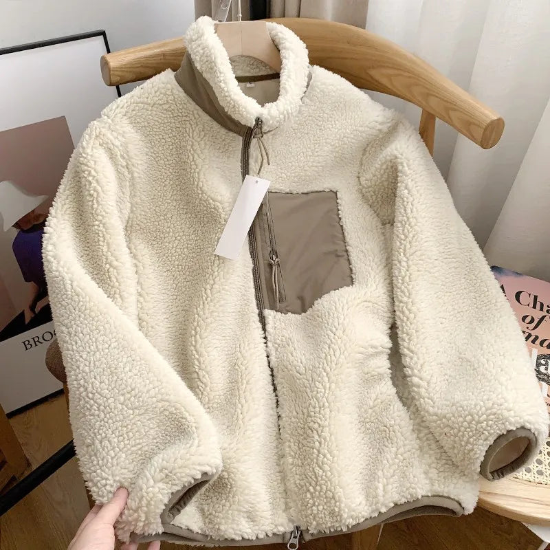Japanese Fleece Zip Jacket – Unisex Loose Warm Lamb Wool Coat for Couples