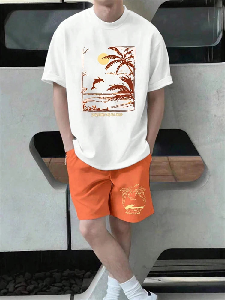 Men's Hawaiian Gradient Coconut Print T-Shirt & Pants 2-Piece Set – Beach Summer Sport