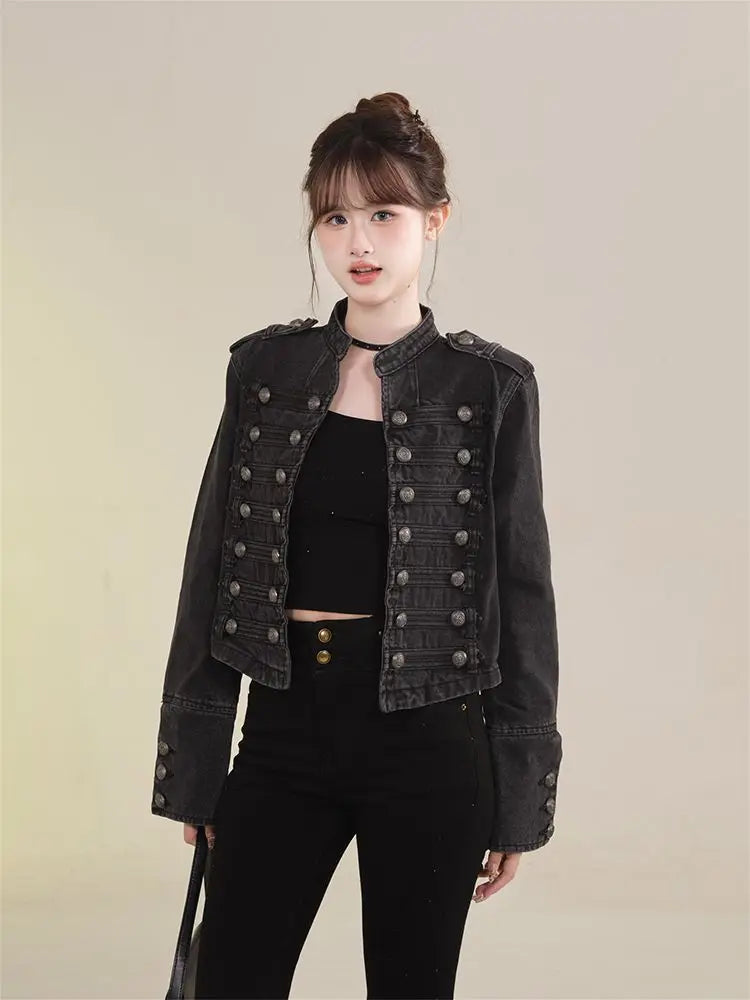 Women's Retro Button Slim Stand Collar Denim Jacket – Short Jean Coat in Black