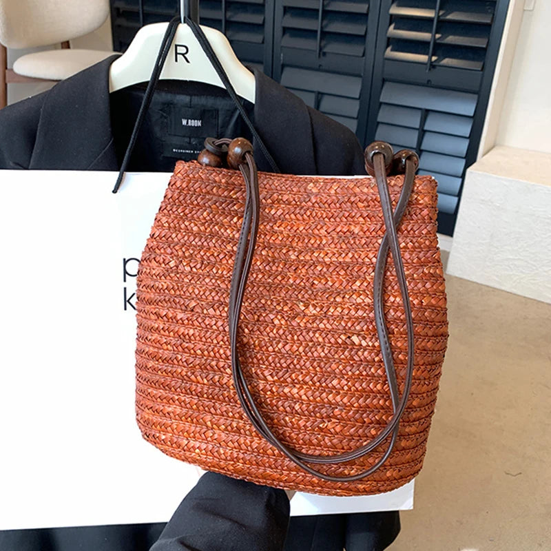 Handmade Straw Rattan Woven Tote Bag – Bohemian Beaded Summer Beach Shoulder Bag for Women