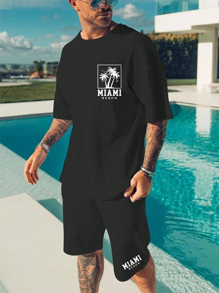 Men's Hawaiian Gradient Coconut Print T-Shirt & Pants 2-Piece Set – Beach Summer Sport