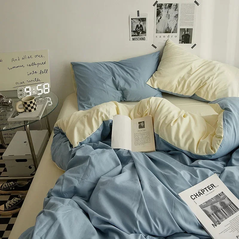 Solid Color Washed Cotton Bedding Set – 4-Piece Duvet Cover, Bed Sheet & Pillowcases, Twin to King
