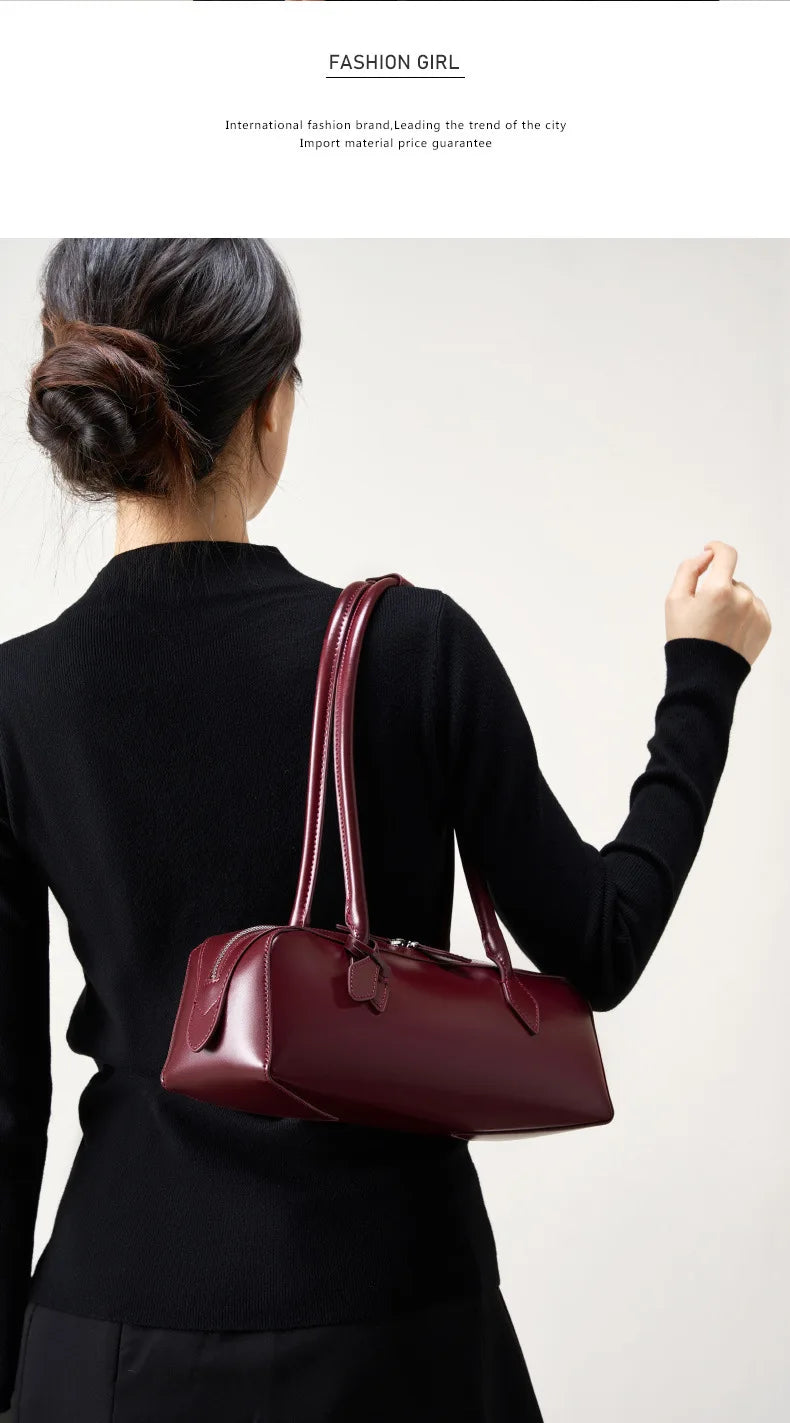 Vintage Genuine Leather Baguette Shoulder Bag – Korean Luxury Underarm Handbag for Women