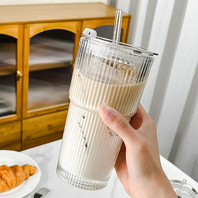 600ml Striped Borosilicate Glass Cup with Lid & Straw – Clear Iced Coffee & Smoothie Glass, CE Certified