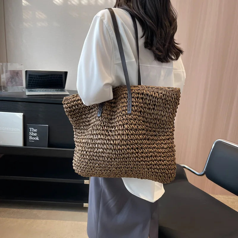 Straw Woven Beach Tote Bag – Large Capacity Casual Shoulder Handbag for Women