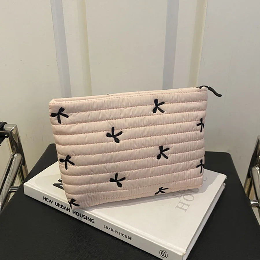Cute Embroidery Bow Makeup Bag – Large Capacity Zipper Cosmetic & Wash Storage Bag