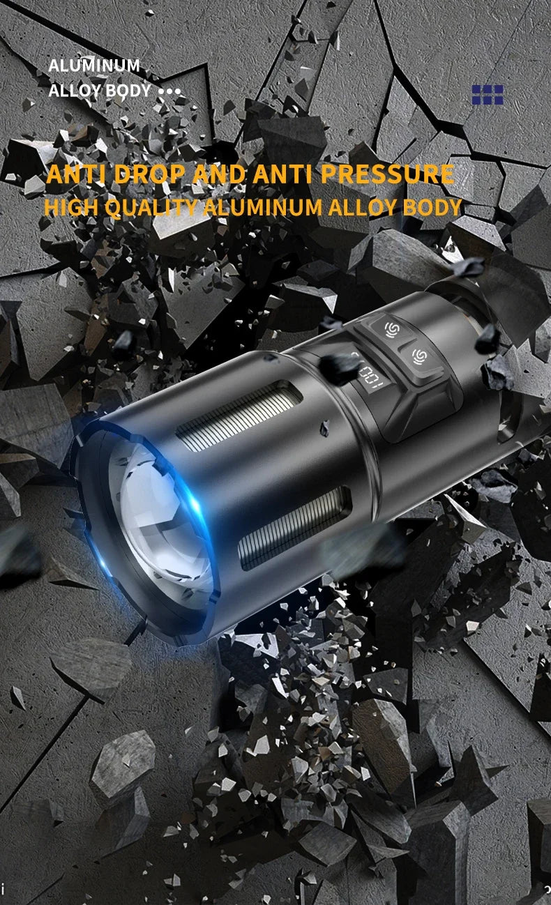 XHP360 Military-Grade 2-in-1 Super High Power Flashlight – 36-Core Zoomable Waterproof Rechargeable Torch with Safety Hammer