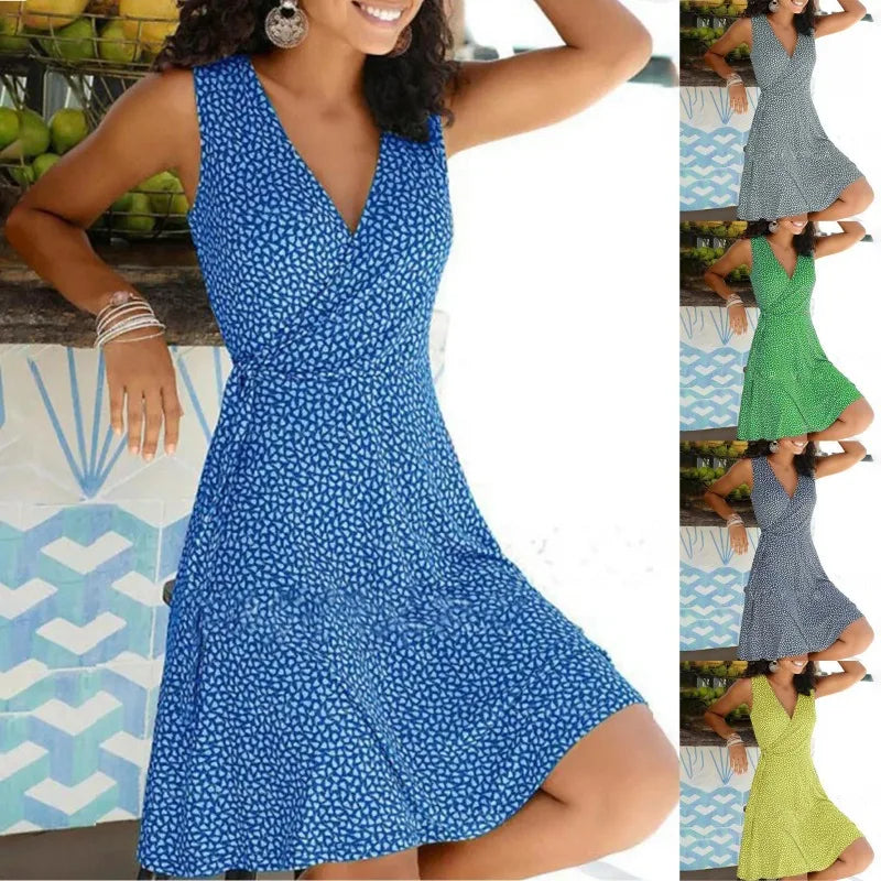 Floral Wrap V-Neck Cap Sleeve Plus Size Midi Dress — A-Line Swing Casual Dress