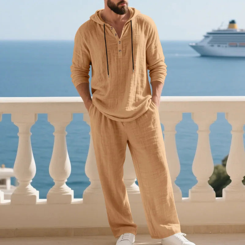 Men's Linen Casual Loose Hooded Henley Shirt & Long Pants Set – Relaxed Autumn 2-Piece Suit