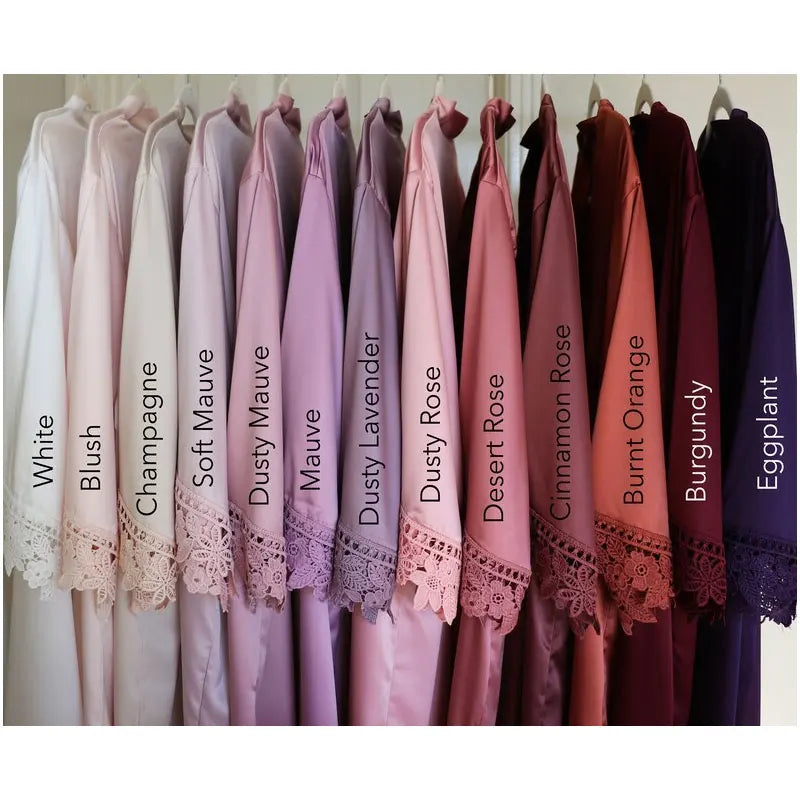 Bridesmaid Satin Lace Robe | Bridal Party Wedding Dressing Gown with Lace Trim