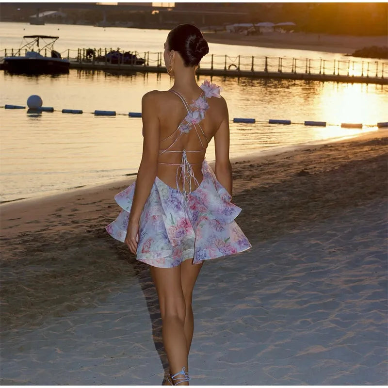 Tie-Dye 3D Flower Mini Dress — Deep V-Neck Flare Sleeve Holiday Dress