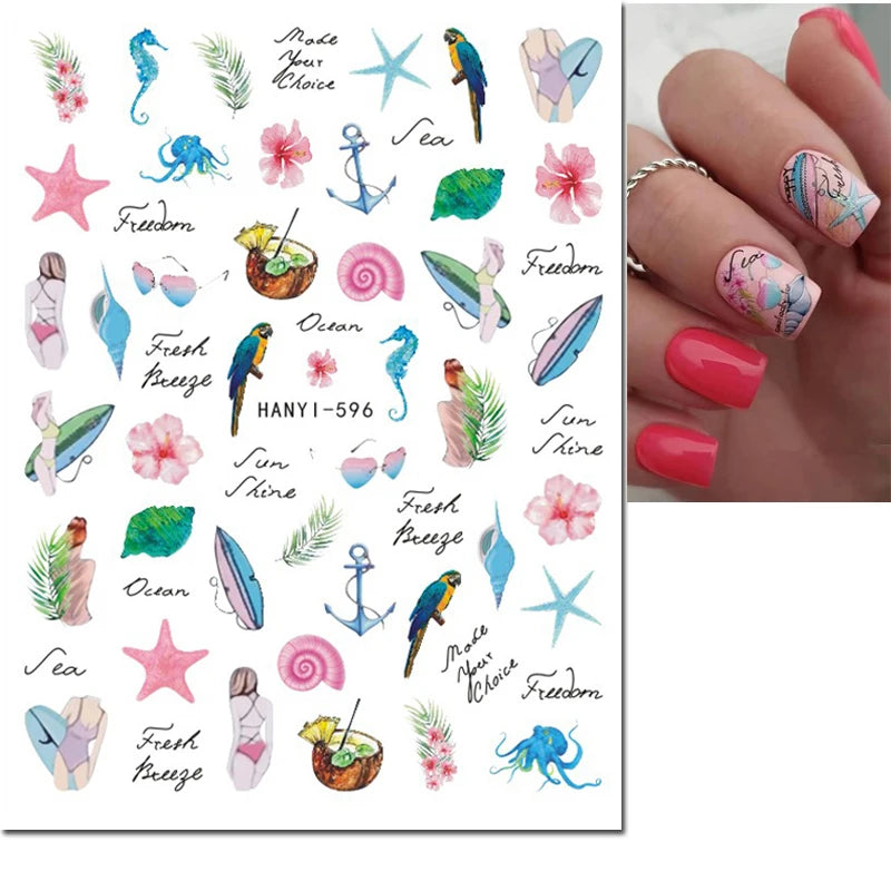 3D Summer Tropical Nail Art Sticker Decals — Palms, Butterflies & Flowers