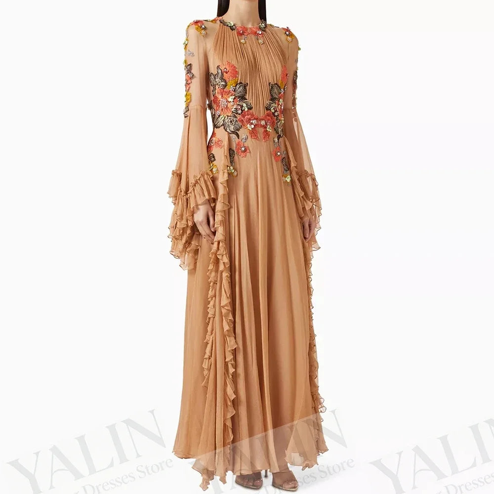 O-Neck Full Sleeve Flower Ruched Prom Gown — A-Line Floor-Length Formal Dress Customized