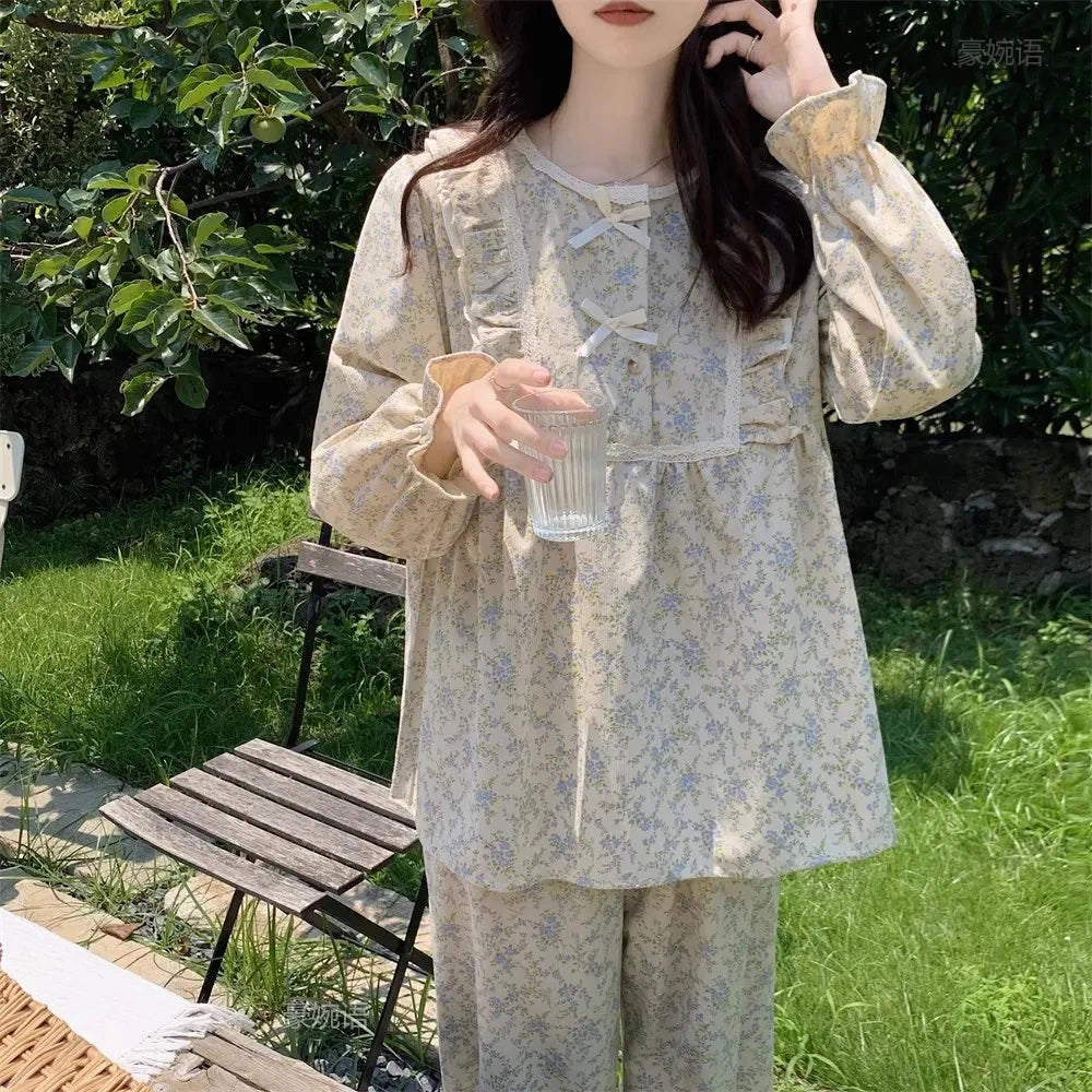 Women's Plus Size Garden Style Pajama Set | Korean Bow Homewear Long Sleeve
