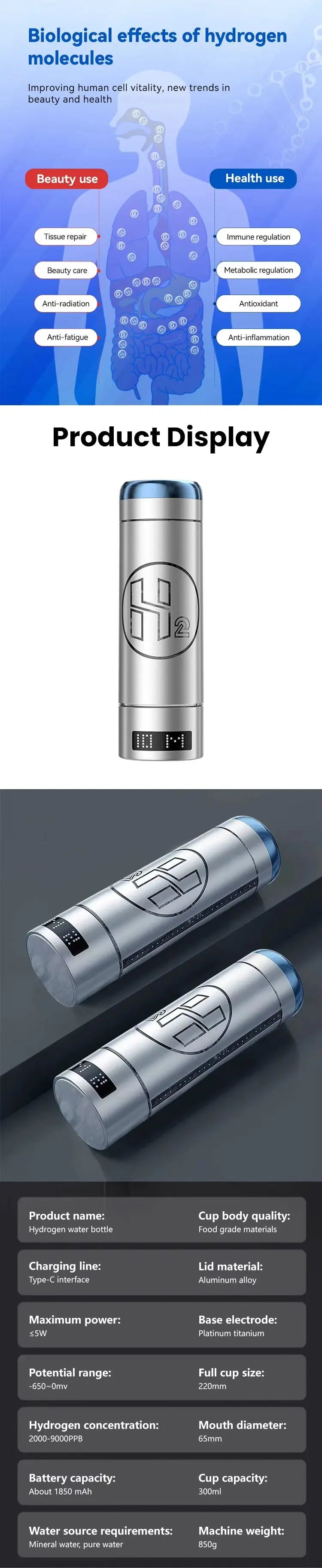 Hydrogen Water Bottle Generator — 9000 PPB, 3-in-1 Portable Water Ionizer