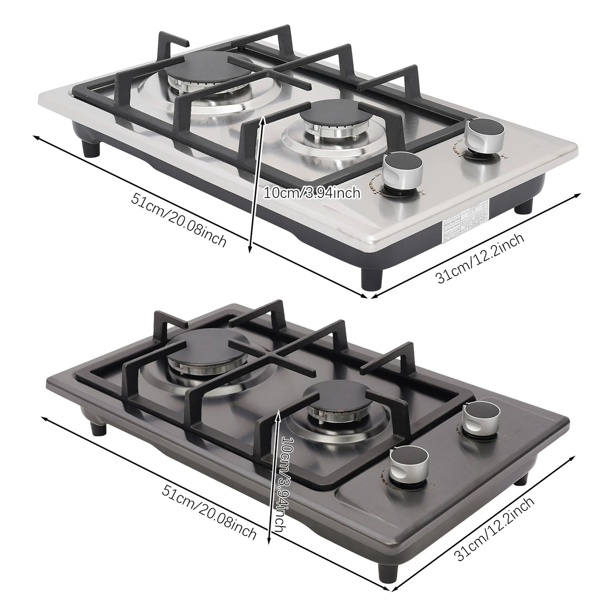 2-Burner Stainless Steel Gas Hob – 3KW + 1.75KW, Portable Countertop or Flush Mounted, 51x31x10cm