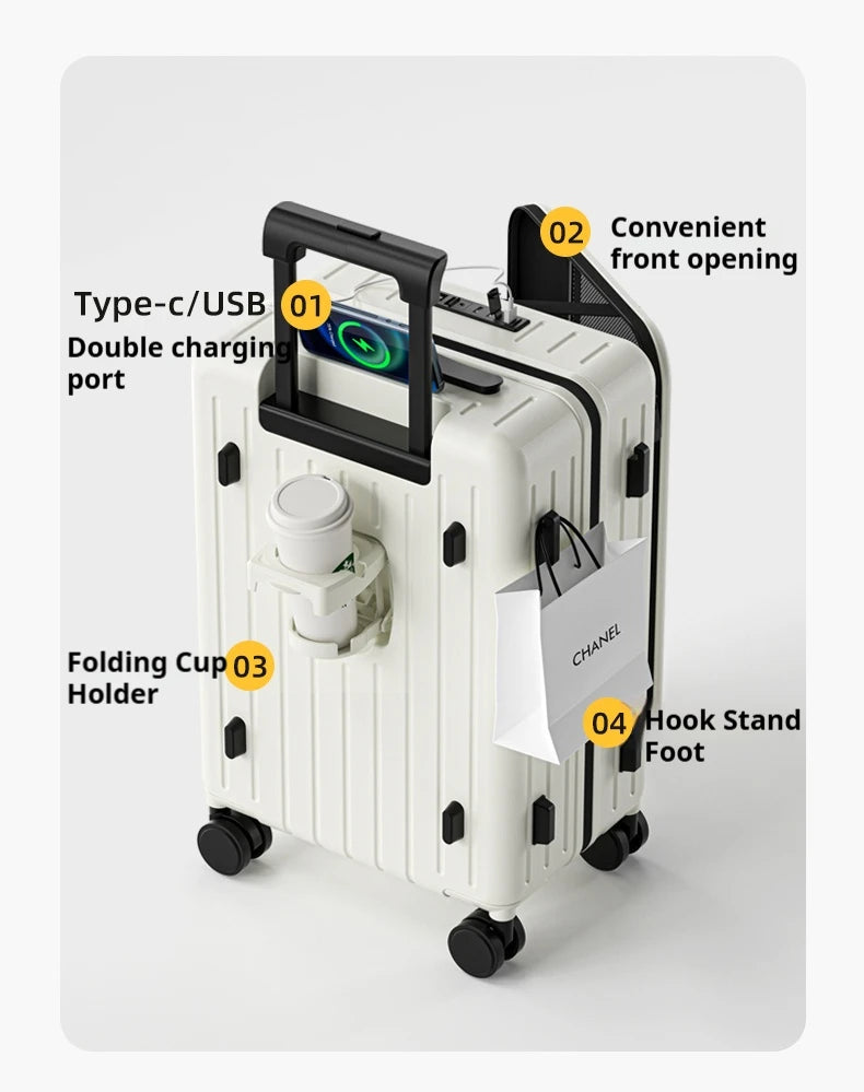 New Front Open Suitcase Hut Trolley Box 20/24/26 Inch High Quality Frame Large Capacity Suitcase Men's Ladies' Travel Case