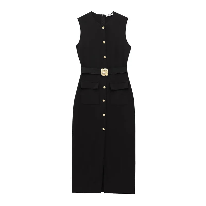 Button-Up Sleeveless Sundress — Slim A-Line Midi Casual Elegant Dress