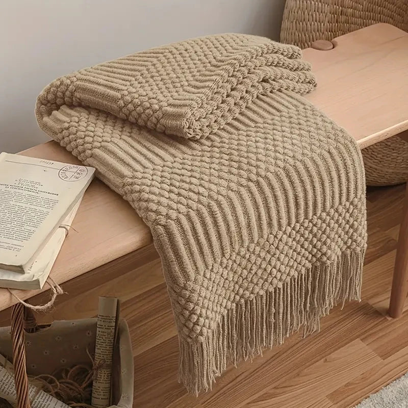 Knitted Acrylic Throw Blanket with Tassels – Chunky Farmhouse Style, 28 Colors & 2 Sizes