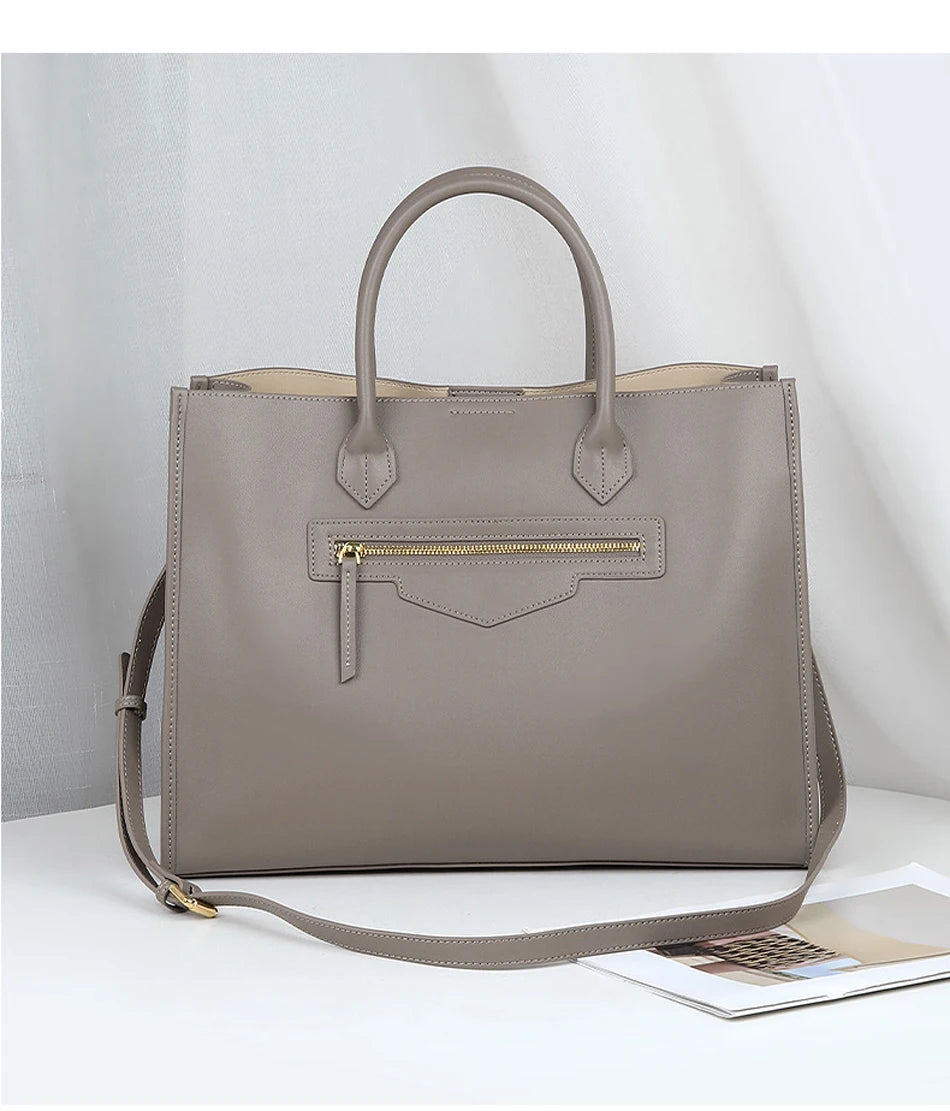 Luxury Cowhide Leather Tote Bag – Large Capacity Shoulder Bag with Laptop Compartment for Women
