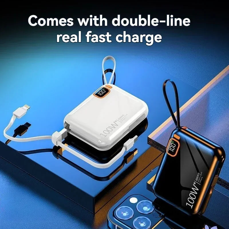 66W Portable Mini Power Bank 20000mAh – Built-in Cable, PD Fast Charging for iPhone & Android