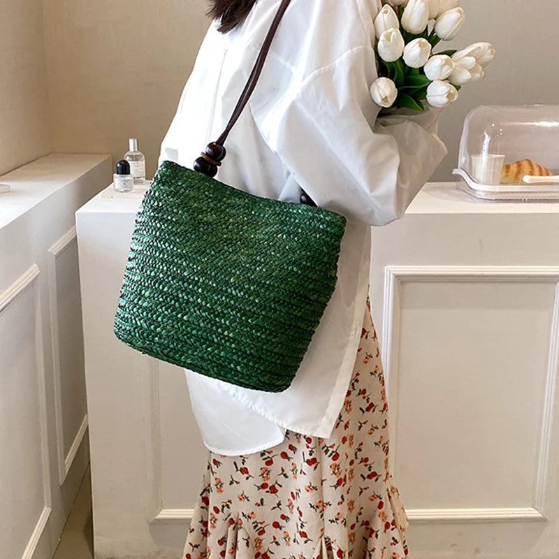 Handmade Straw Rattan Woven Tote Bag – Bohemian Beaded Summer Beach Shoulder Bag for Women