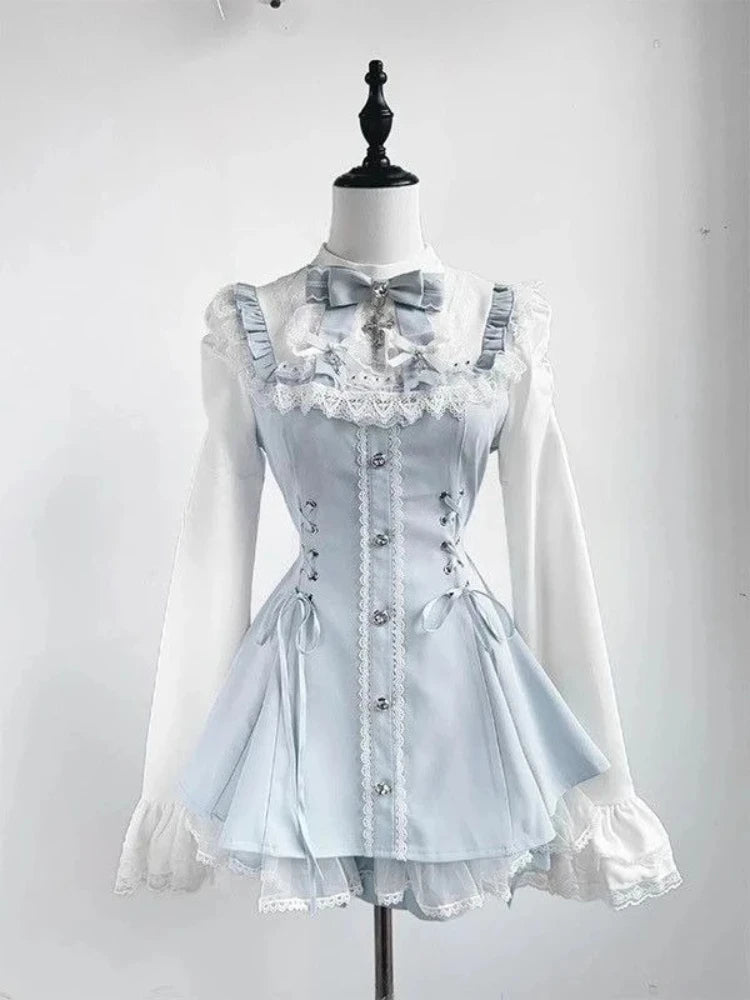 Japanese Gothic Lolita Mini Dress — Harajuku Y2K Bow Lace Ruffle Party Dress