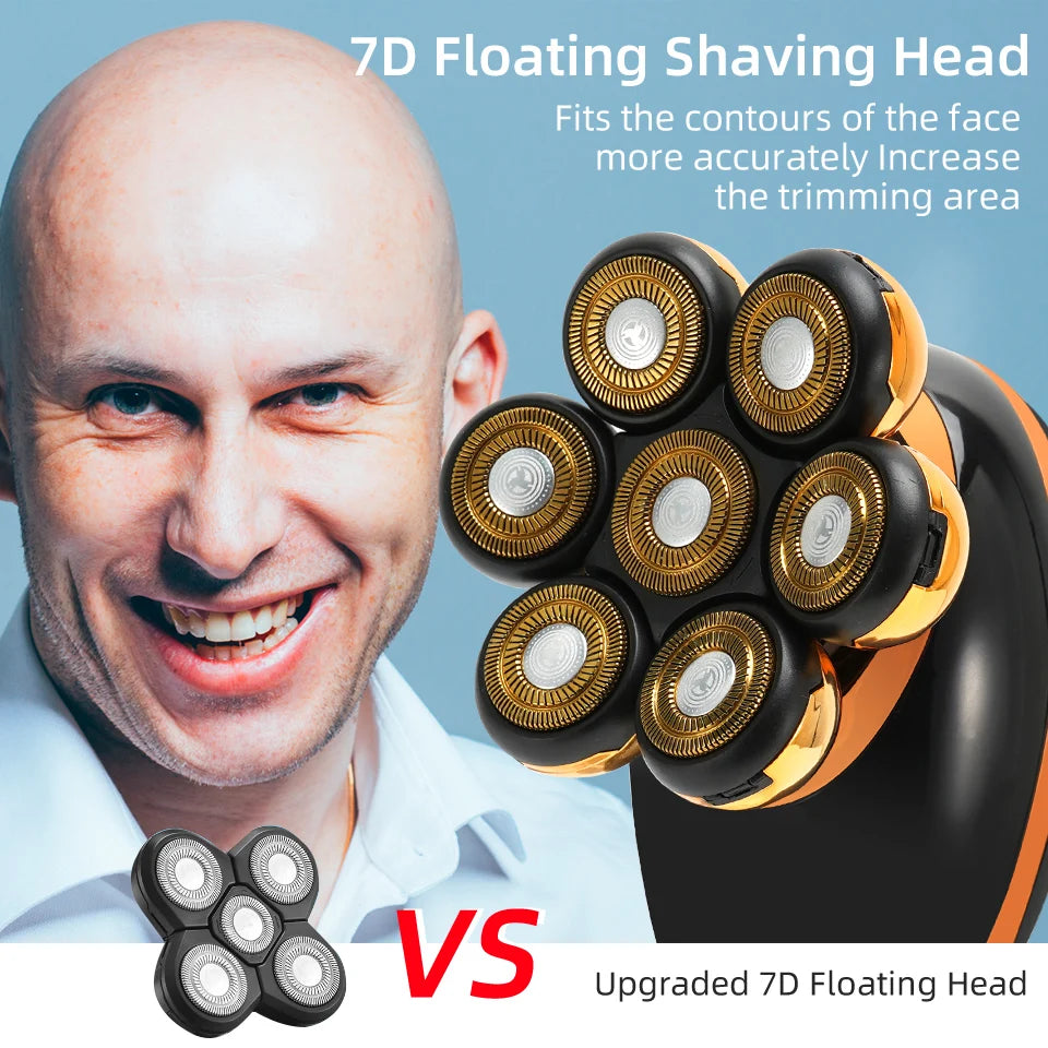 7D Floating Head Electric Shaver for Men – Wet/Dry Rotary Razor with LCD Display & Bald Head Trimmer