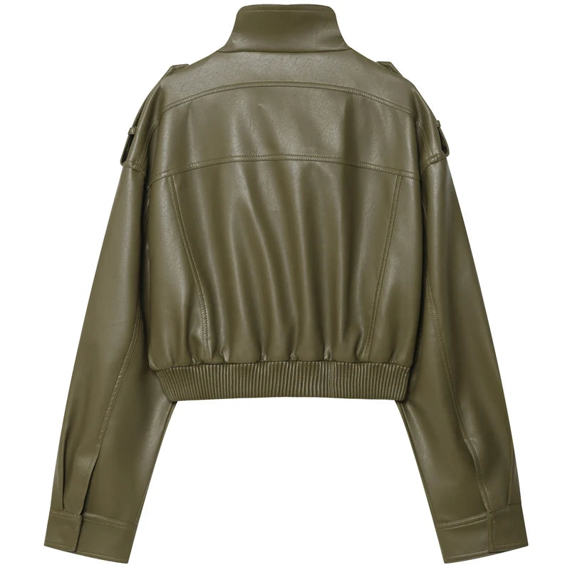 Women's Green Faux Leather Jacket – Zip-Front Streetwear
