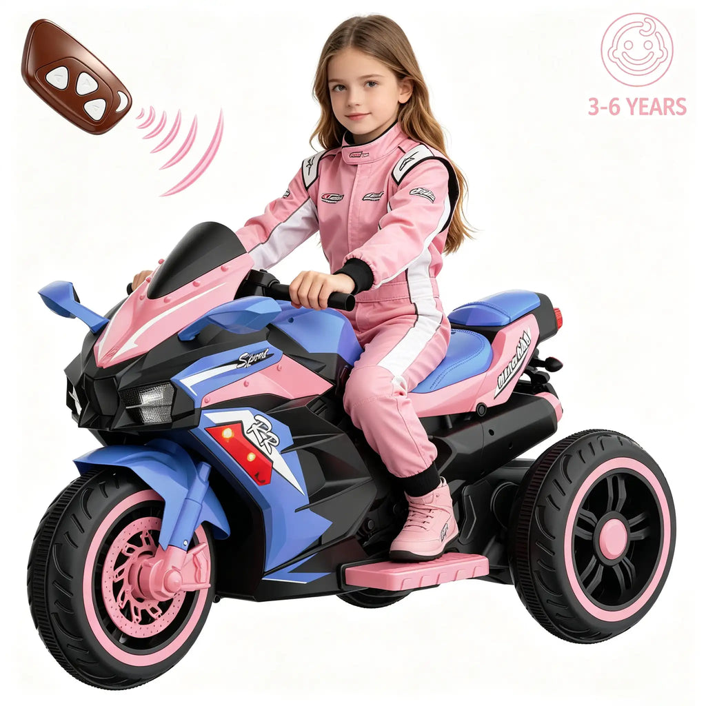 12V Kids Ride-On Motorcycle – Three-Wheel Electric Toy with Remote