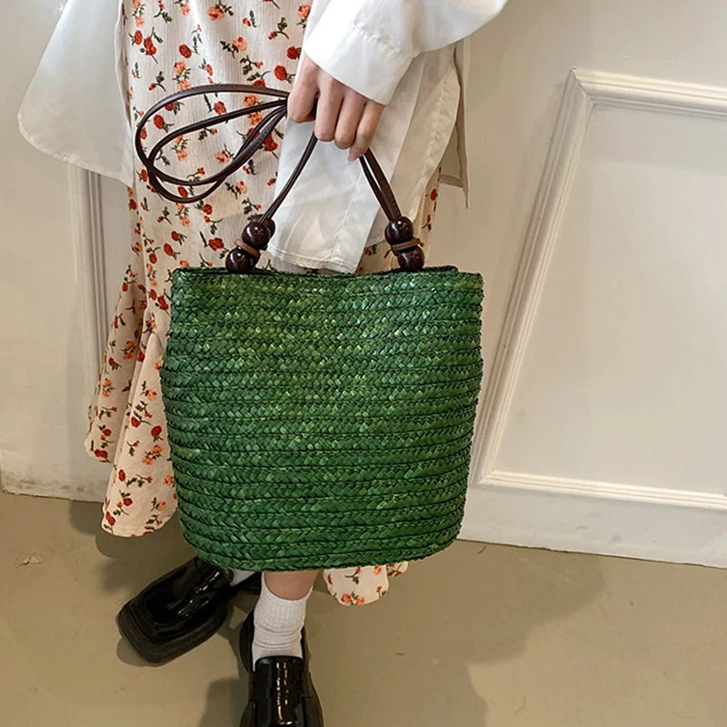Handmade Straw Rattan Woven Tote Bag – Bohemian Beaded Summer Beach Shoulder Bag for Women