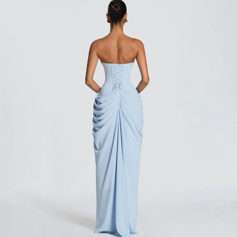 Sexy Strapless Pleated Maxi Dress – Off-Shoulder Backless High Waist Split Evening Party Gown