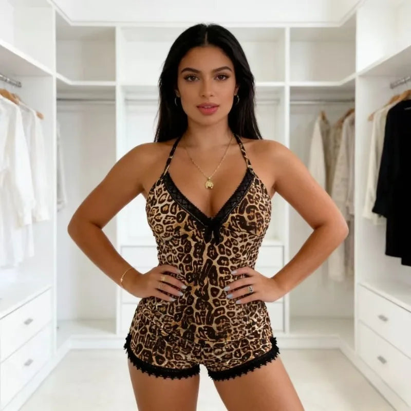 Leopard Lace Trim 2-Piece Pajama Lingerie Set