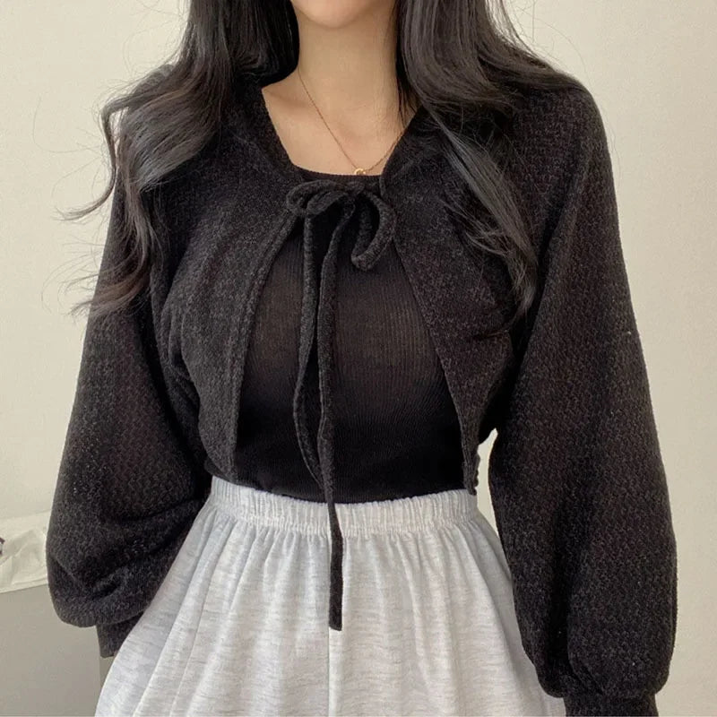 Women's Knitted Cardigan – Thin Lace-Up Lantern Sleeve Short Coat in White, Black & Gray