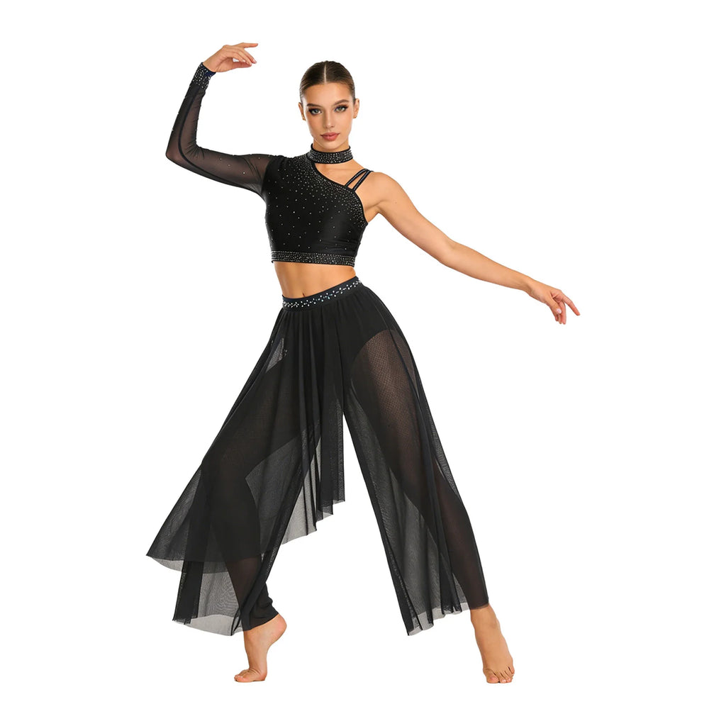 Women's Dance Performance Costume – Shiny Crop Top & Sheer Pants for Skating, Gymnastics & Ballet
