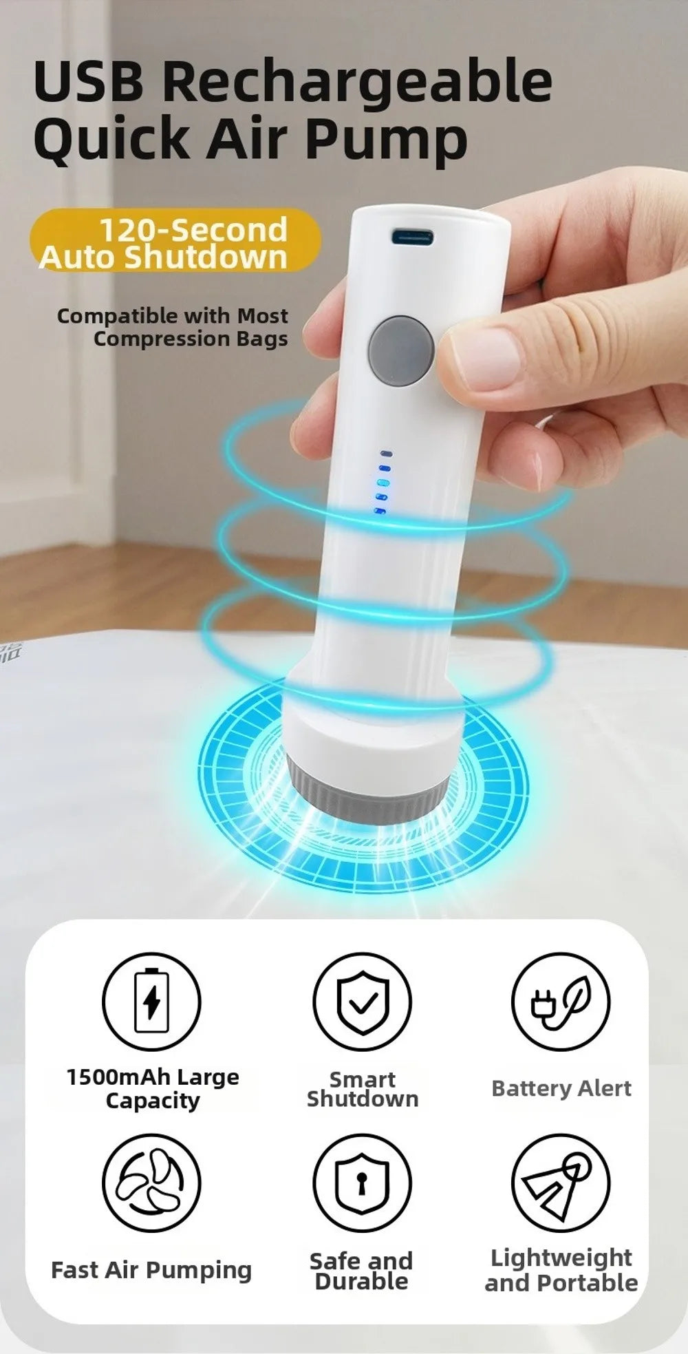 Rechargeable Electric Vacuum Pump – Portable Compression Bag Air Pump for Travel & Storage
