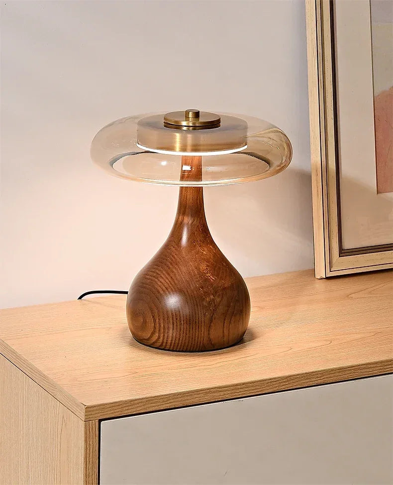 Retro Glass Table Lamp – Sculpted Wood-Look Base