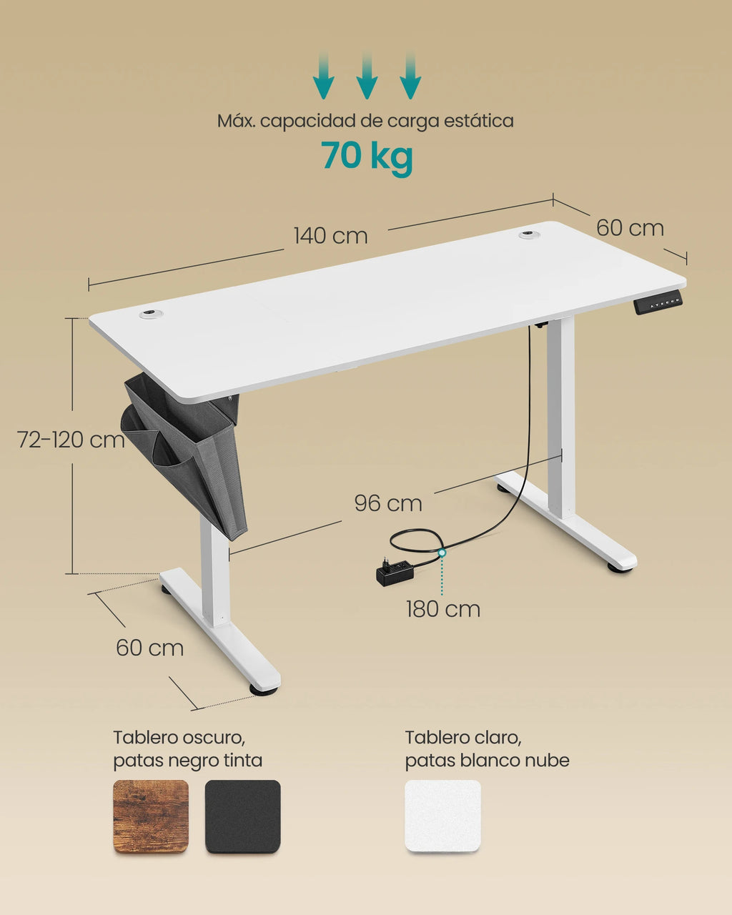 SONGMICS Electric Height Adjustable Desk – 140 x 60cm, 4 Memory Heights, Storage Pocket, Home Office & Study