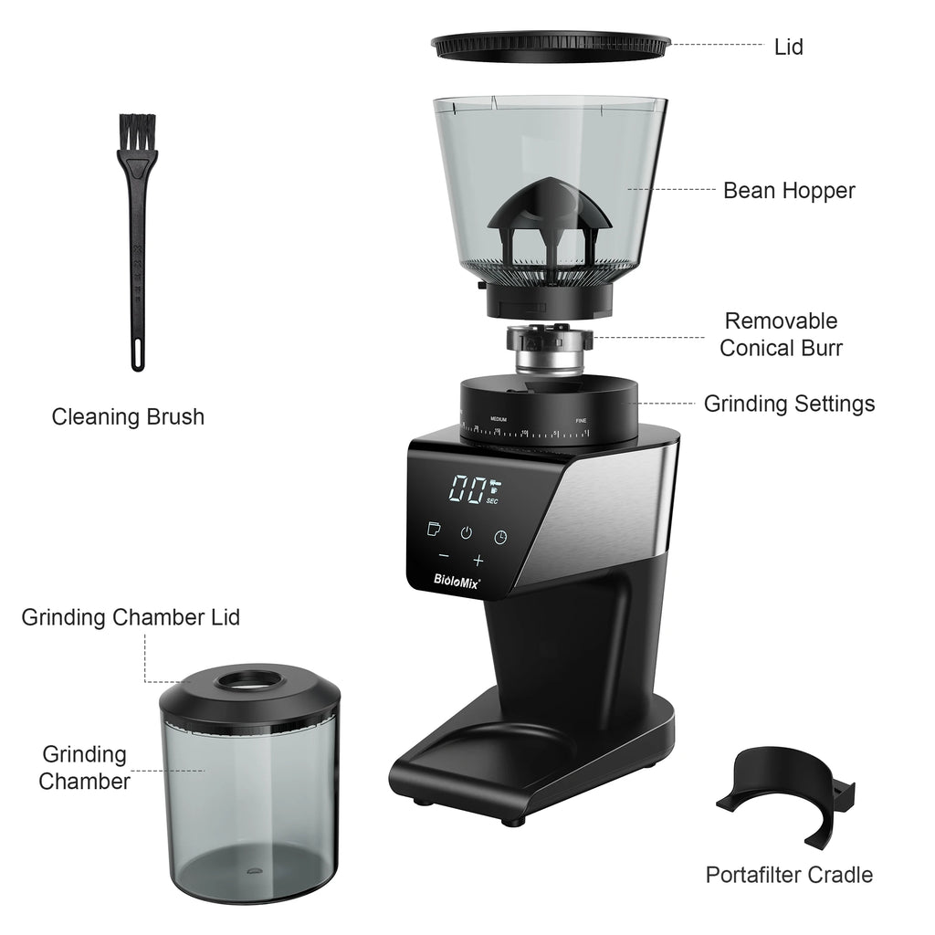 BioloMix Electric Coffee Grinder – 30 Grind Settings, Magnetic Ring, for Espresso, Drip & Pour Over