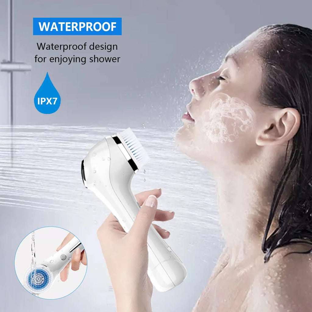 2-in-1 IPX7 Waterproof Facial Spin Scrubber – Rechargeable Electric Exfoliating Face Brush with 4 Heads