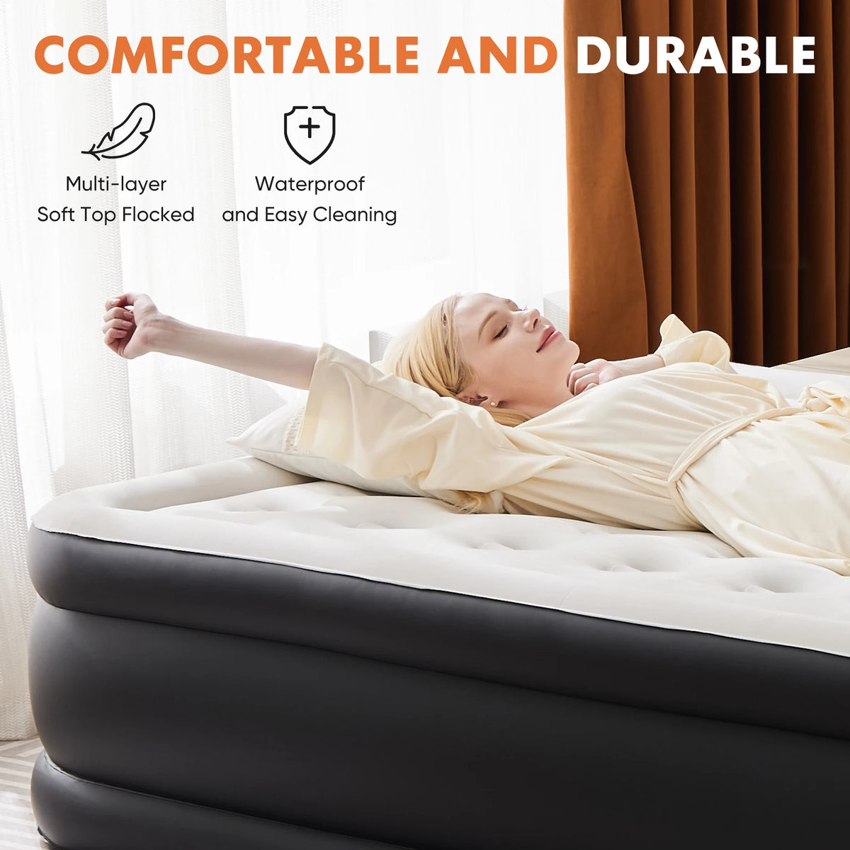 JHK Double-Height Air Mattress – 660 lbs Capacity, Non-Slip Bottom, Queen & Twin, Home & Camping
