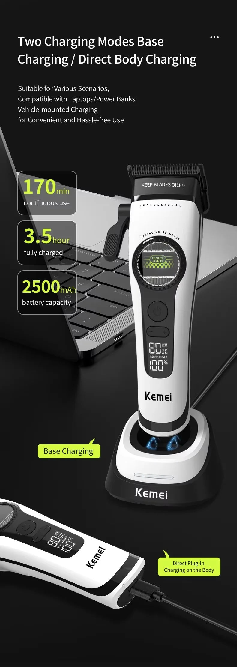 Kemei KM-1593 / KM-1595 Professional Brushless Clipper – 5-Speed, DLC Blade, 200-Min, USB-C