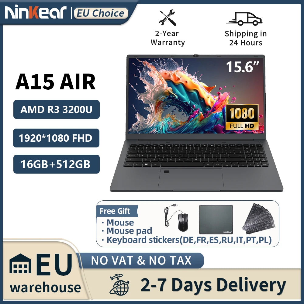Ninkear A15 Air 15.6" Laptop – AMD Ryzen 3 or Intel N150, Up to 16GB DDR4, 512GB SSD, 180° Hinge, Windows 11
