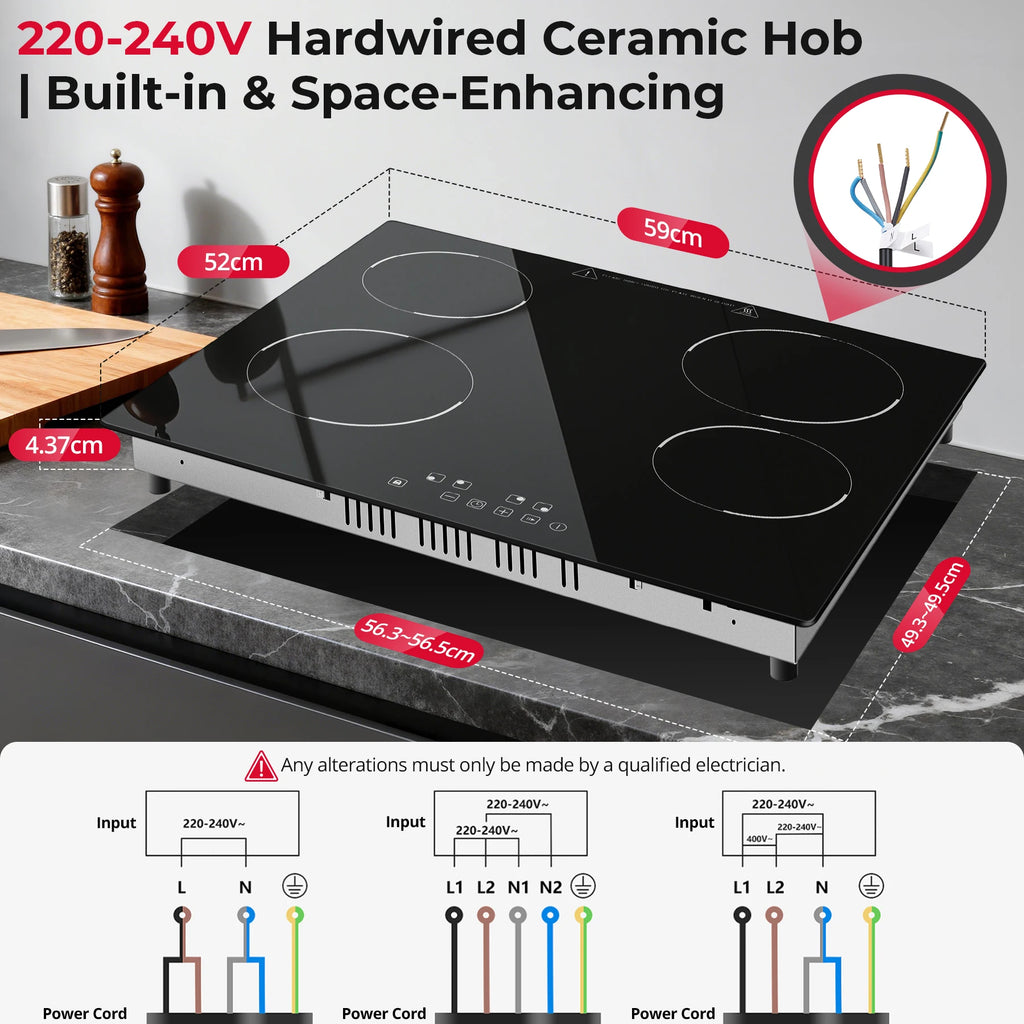 6000W 4-Zone Ceramic Induction Hob – 60cm Black Glass, Touch Control, 9 Power Levels, Timer & Child Lock